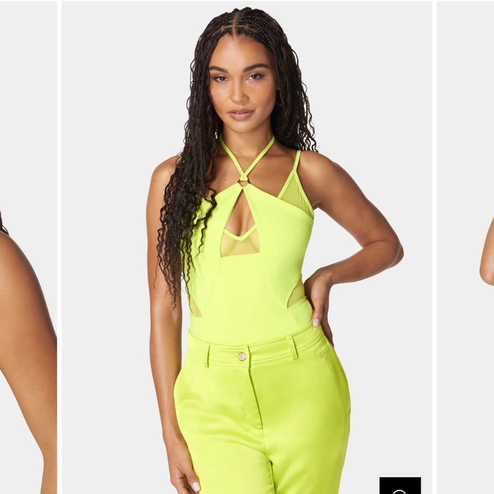 Bebe Neon electric green cyber lime strappy halter mesh bodysuit Top XL X large